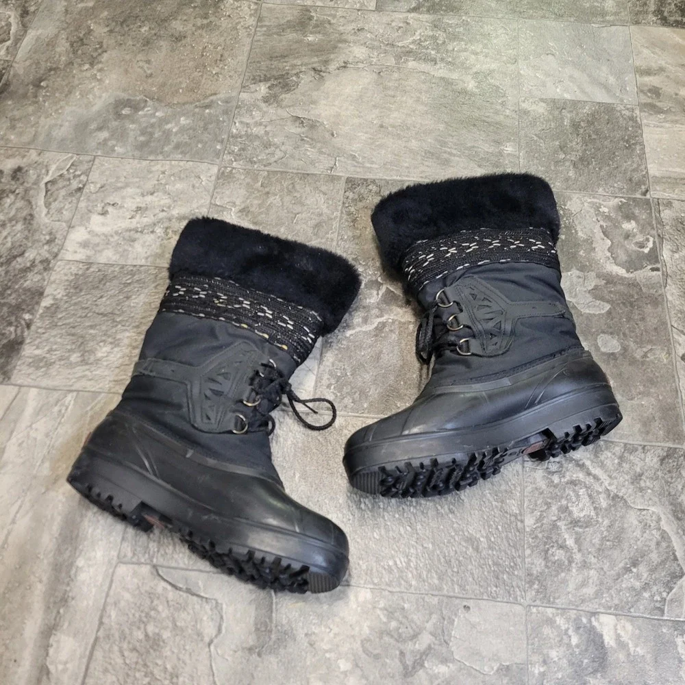 Vintage 90s y2k Sorel Winter Boots Black Faux Fur‎ Trim Lace Up Duck Boots 10